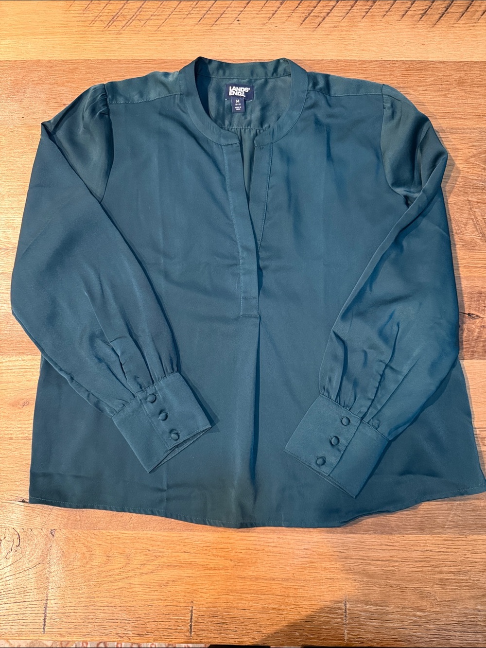 Lands' End Forest Green Women's Satin Blouse - Long Sleeve
